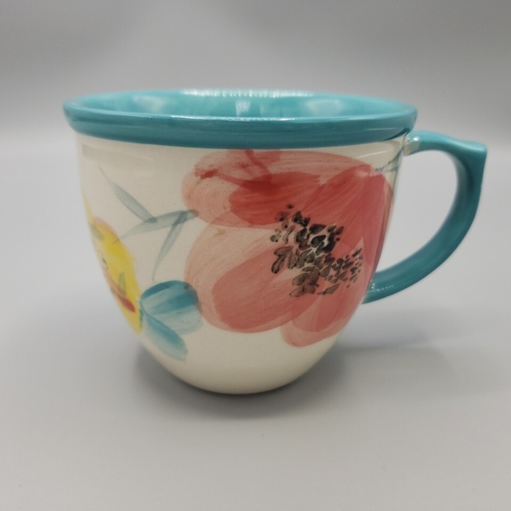 Pioneer Woman Flea Market Bloom Turquoise Teal Rim Floral Coffee Cup Mug 16oz EC
